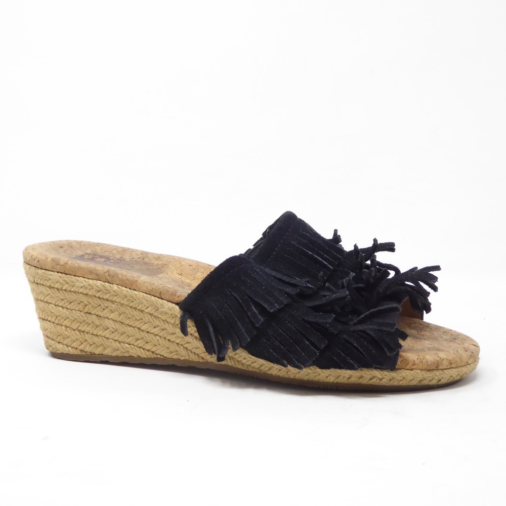 UGG Womens Kendra Espadrille Wedge Sandals Black Suede Fringe Cork Size 7.5